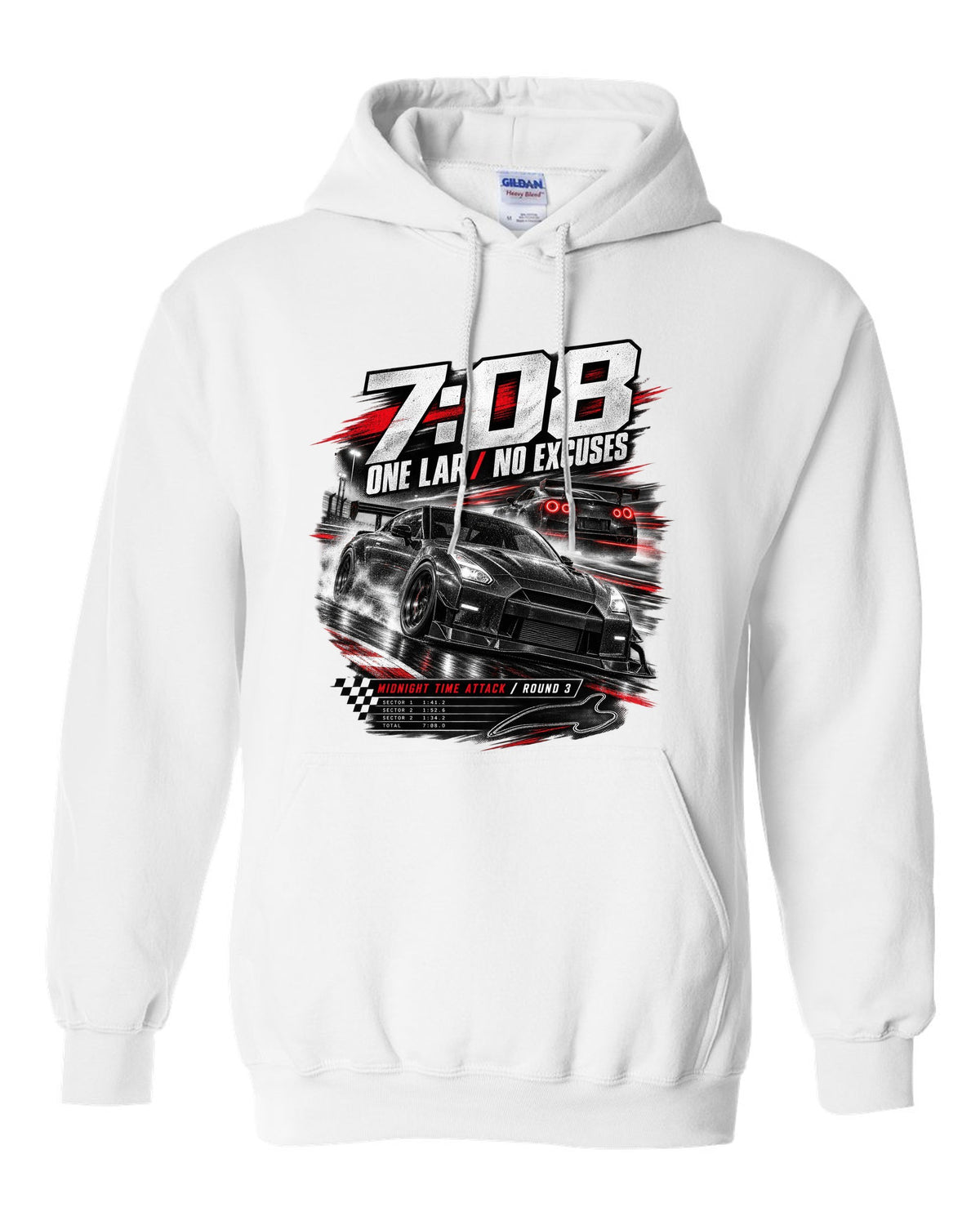 Race poster of a Nismo-style Nissan GT-R R35 with 7:08 one lap and Midnight Time Attack lettering white pull over hoodie front view with the design