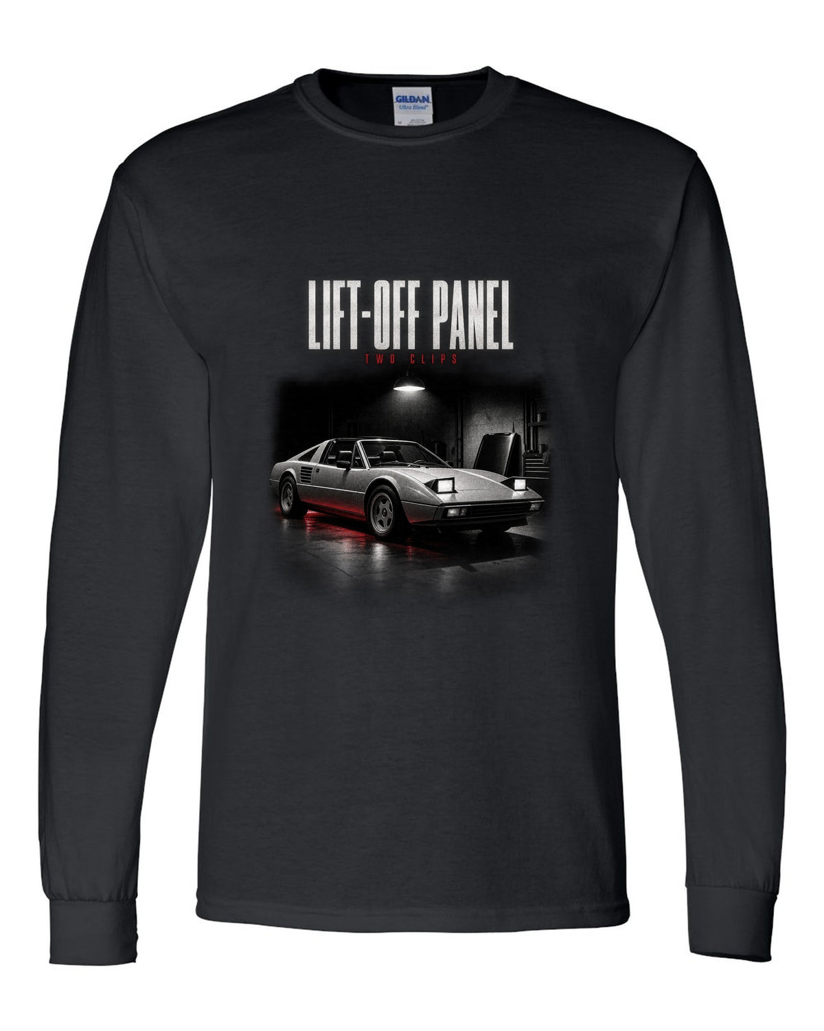 Ferrari 308 GTS 1977 targa garage night print, lift-off panel, two clips black long sleeve front view with the design