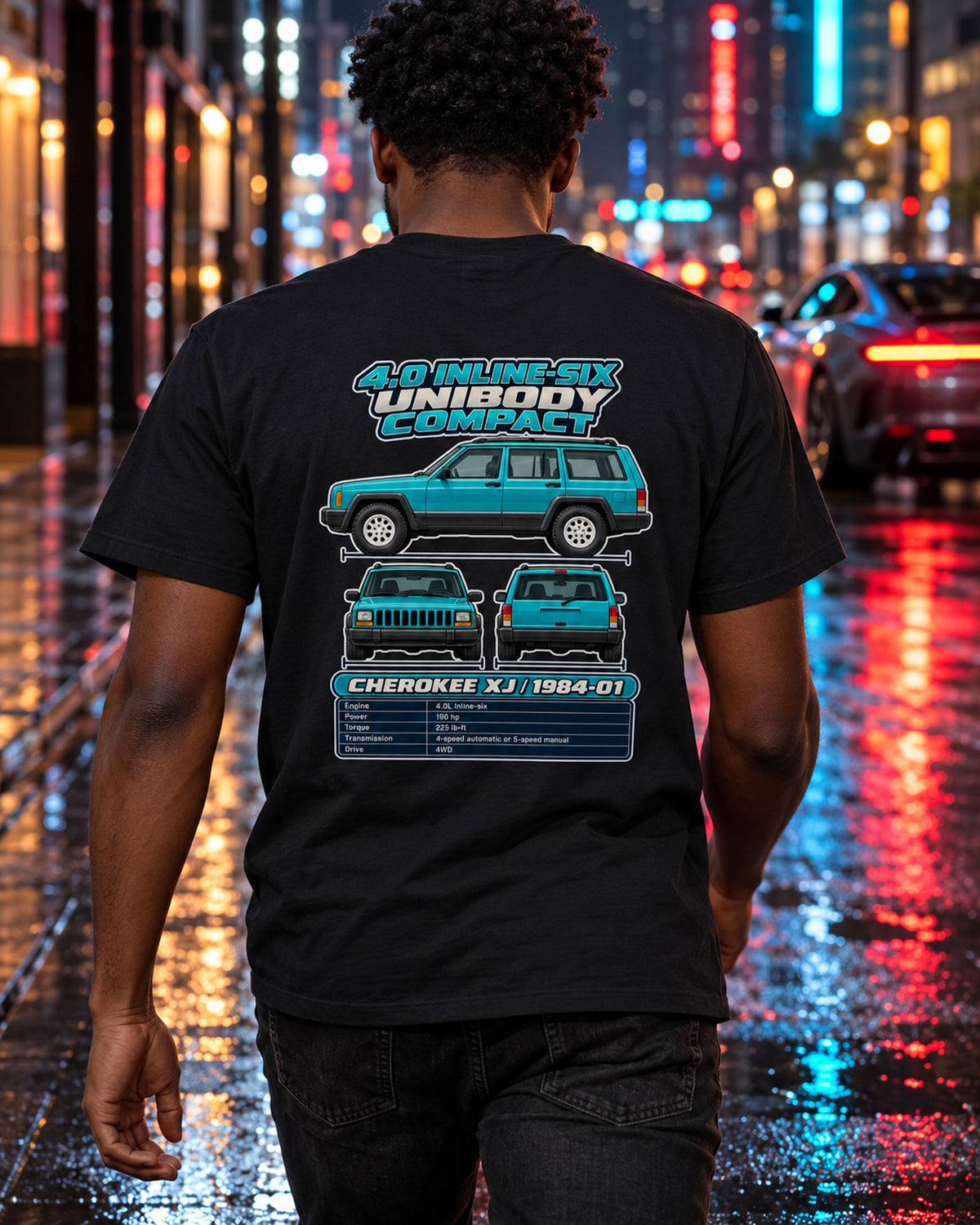 Jeep Cherokee Xj Spec Sheet Full-Back Graphic Tee T-Shirt Black worn hero