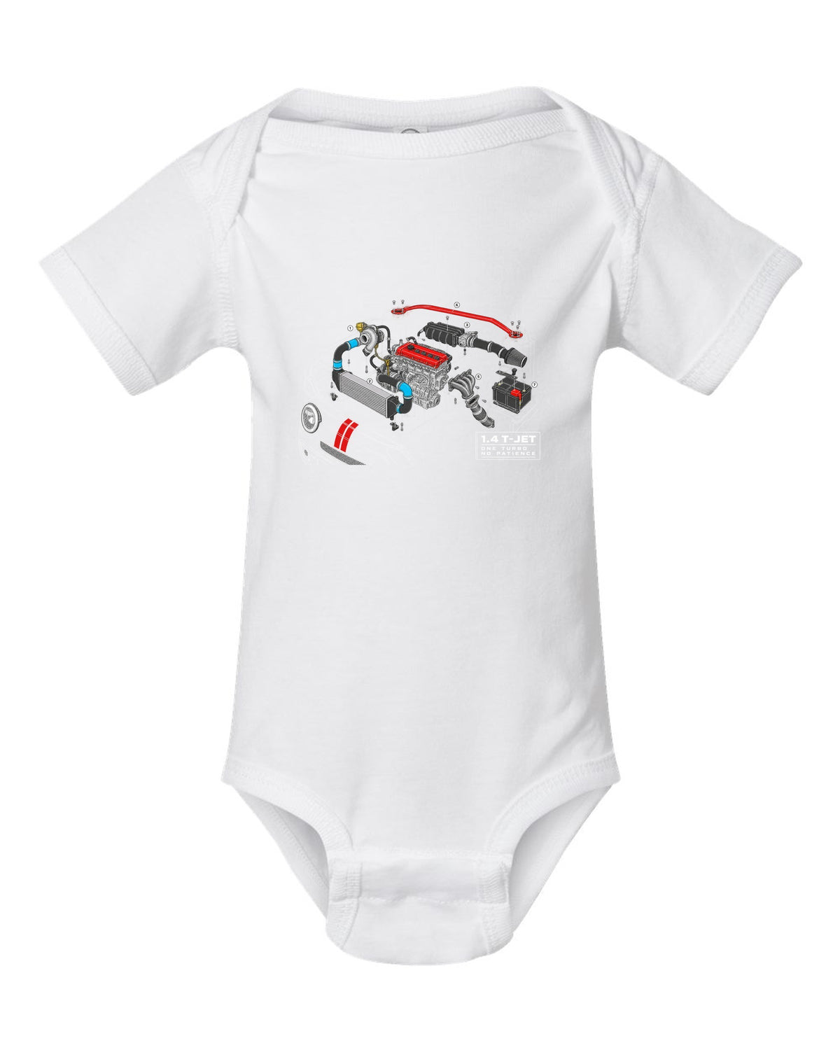 Exploded cutaway engine blueprint of the Abarth 695 1.4 T-Jet white baby onesie front view with the design