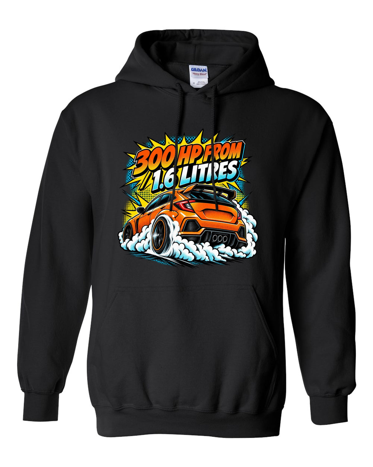 Comic halftone pop-art of a Toyota GR Corolla doing a burnout with 300 HP from 1.6 litres lettering black pull over hoodie front view with the design