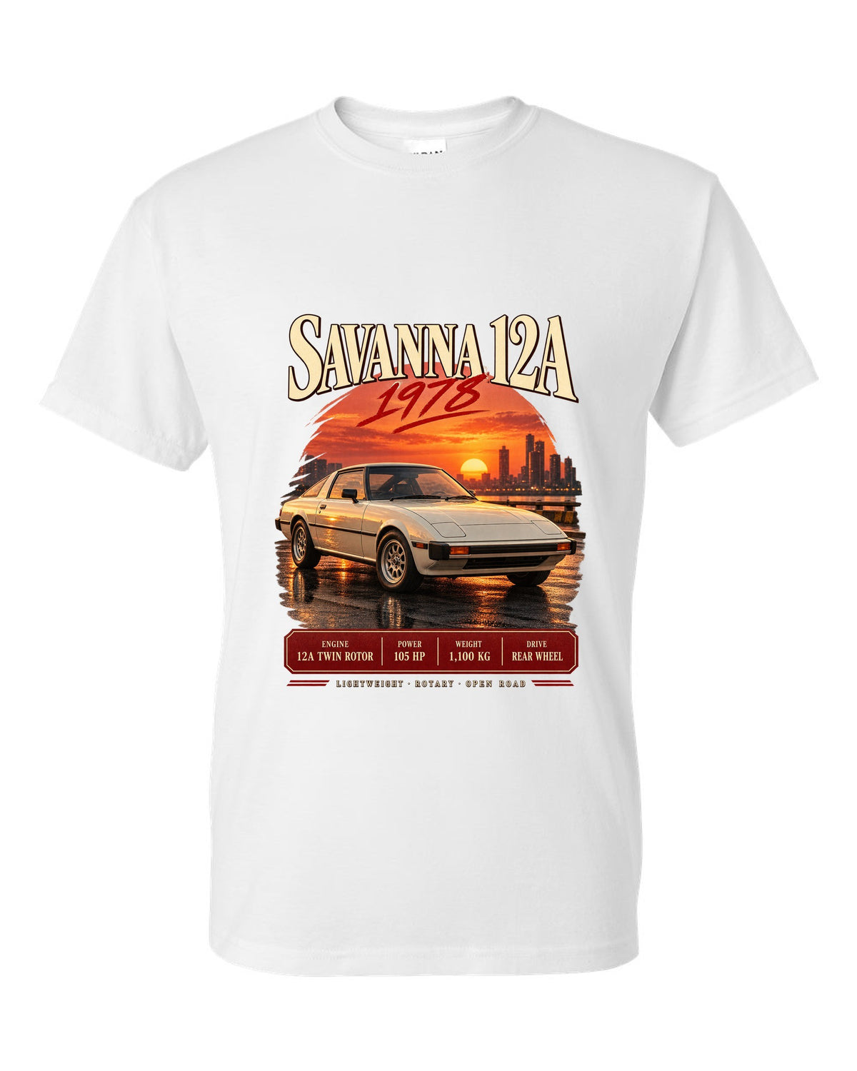 Archive panel print for the Mazda RX-7 SA22C 1978-85 with Savanna 12A and 1,100 kg details white t-shirt front view with the design