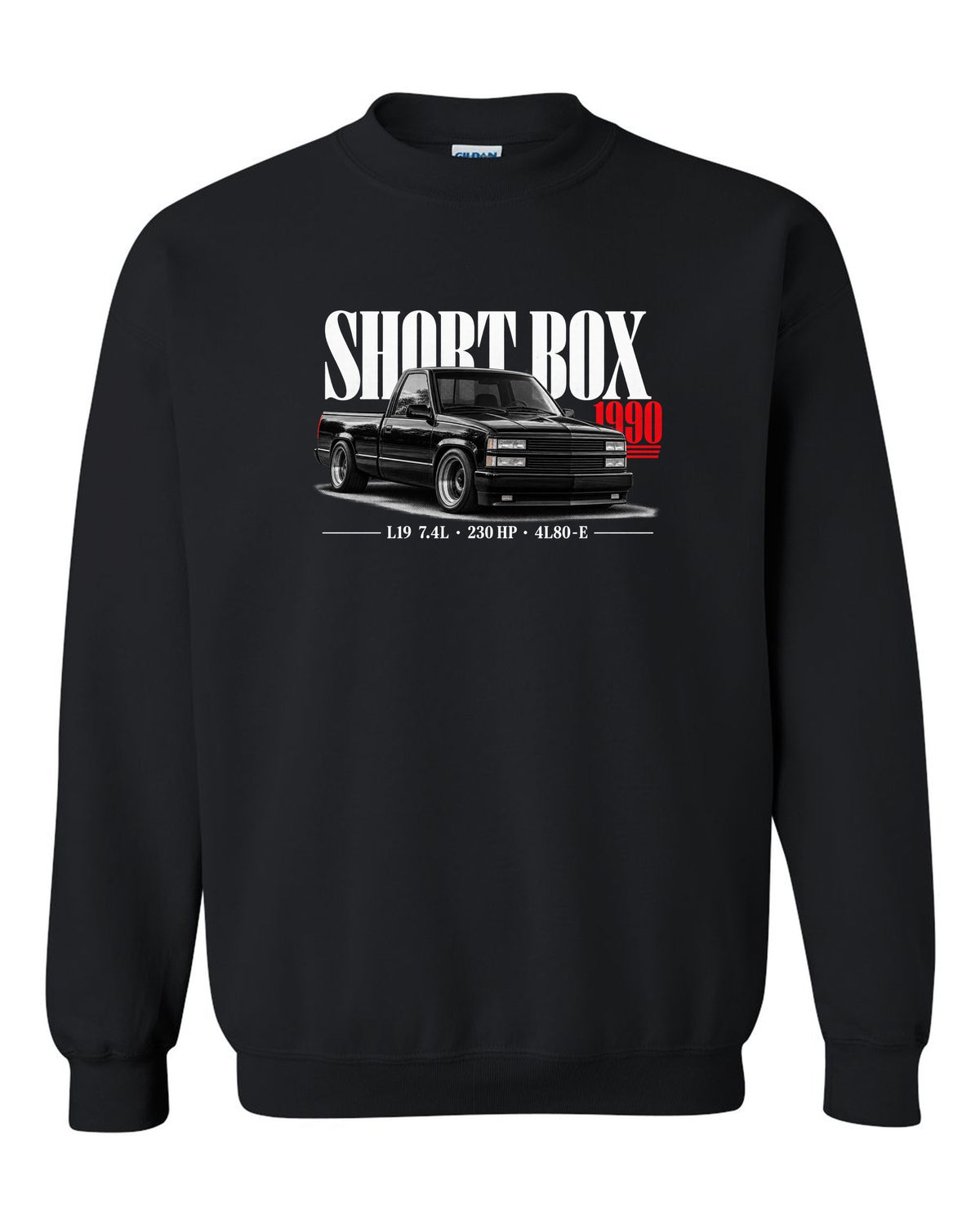 1990 Chevy 454 SS short box pickup editorial print black crewneck front view with the design