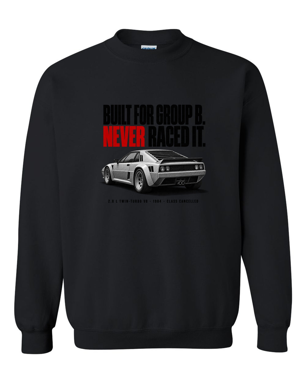 Ferrari 288 GTO 1984 rear three-quarter halftone print, built for Group B, never raced it black crewneck front view with the design