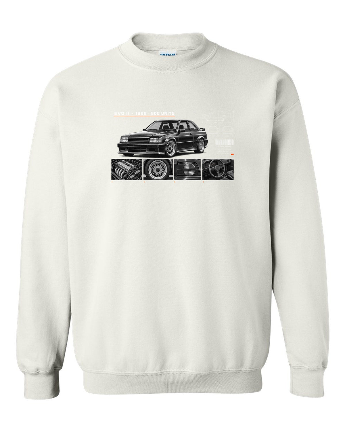 BMW E30 M3 Evo II 1988 dossier panel print with 500 units text white crewneck front view with the design