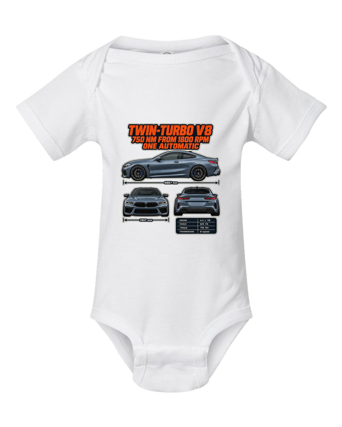 BMW M8 Competition Coupe F92 three-view and spec table print on a tee white baby onesie front view with the design