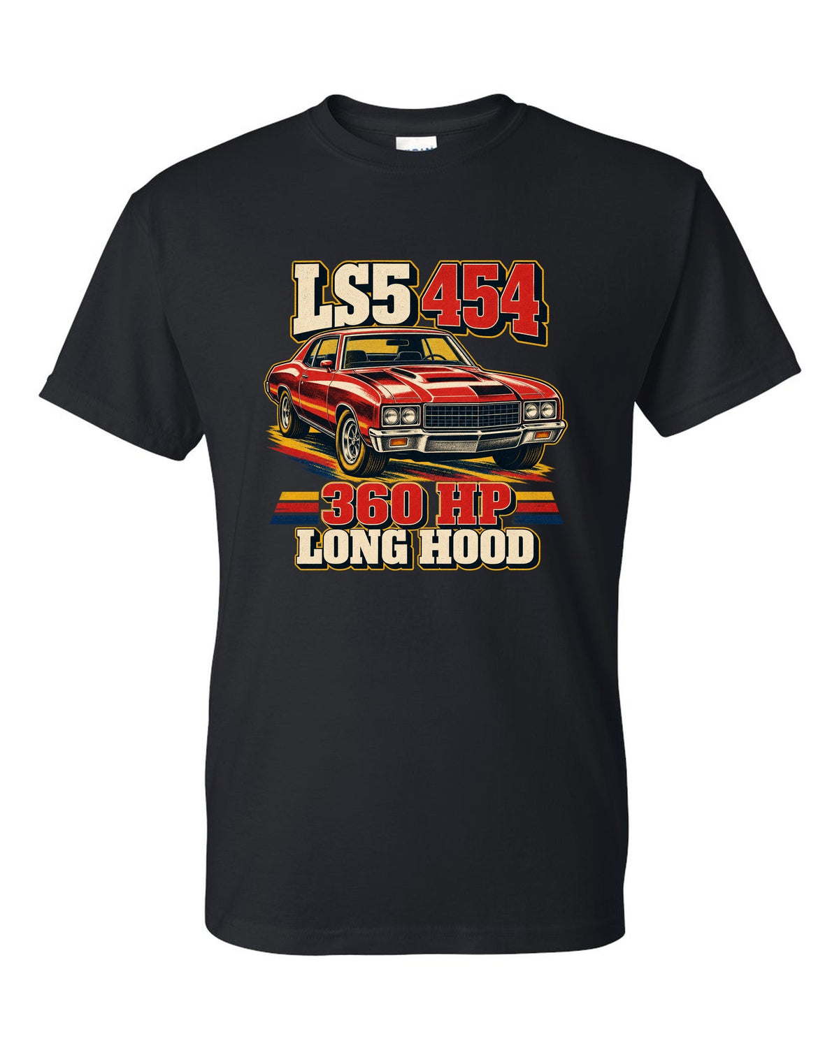 Vintage race poster print of a 1970 Chevrolet Monte Carlo SS 454 with the text LS5 454, 360 HP, Long Hood black t-shirt front view with the design