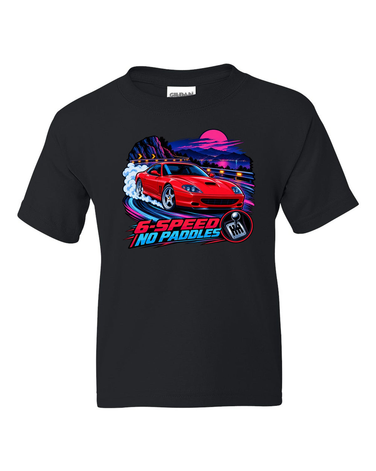 Cel-shaded anime night touge print of a Ferrari 550 Maranello with 6-Speed No Paddles lettering black kids tee front view with the design