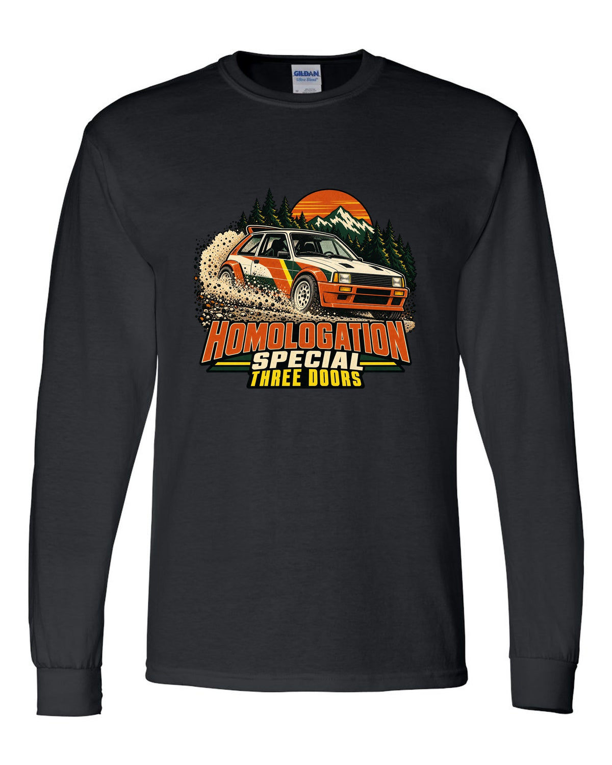 Vintage rally poster of a Toyota GR Yaris sliding on gravel with homologation text black long sleeve front view with the design