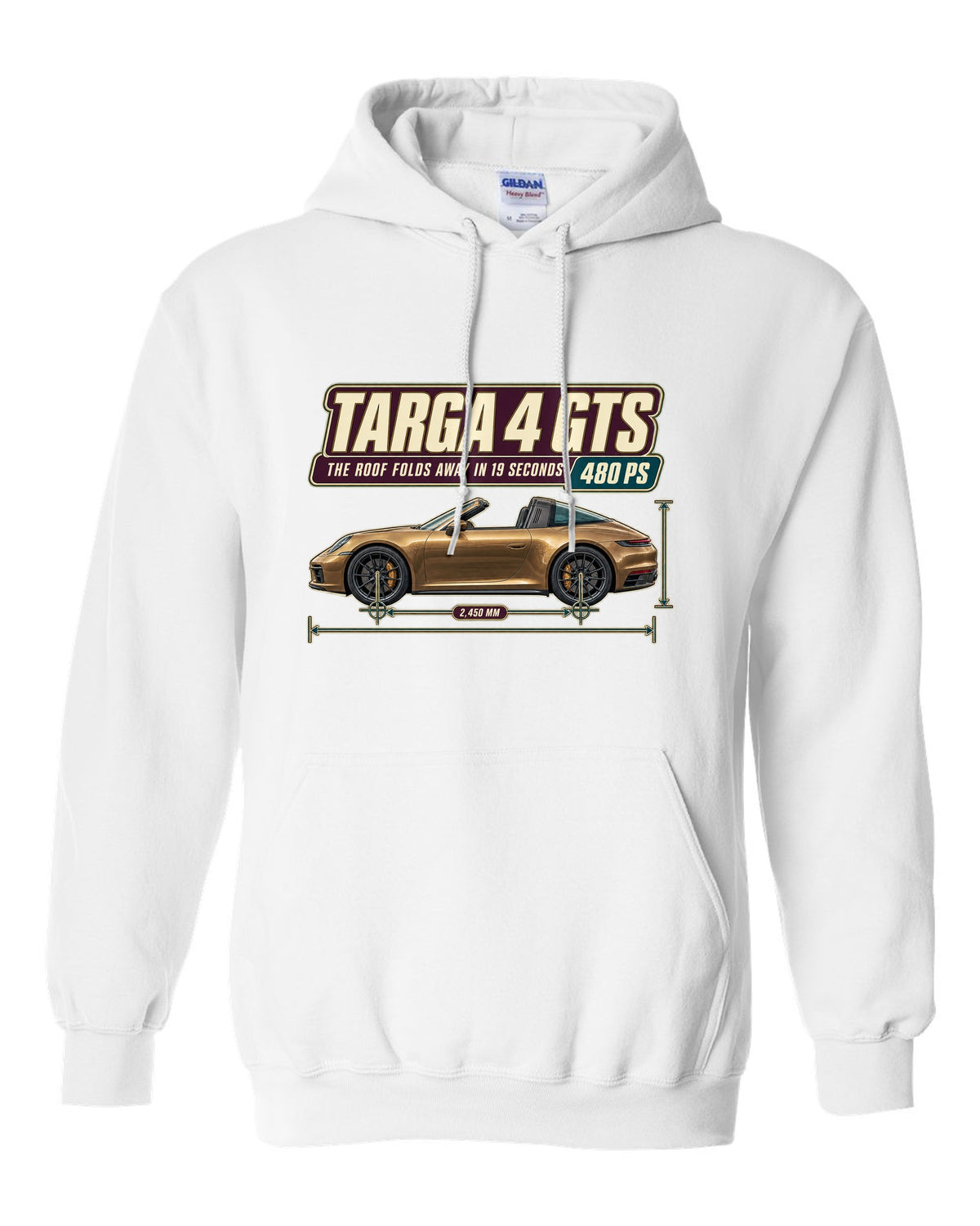 Editorial headline print of a Porsche 911 Targa 4 GTS 992 white pull over hoodie front view with the design