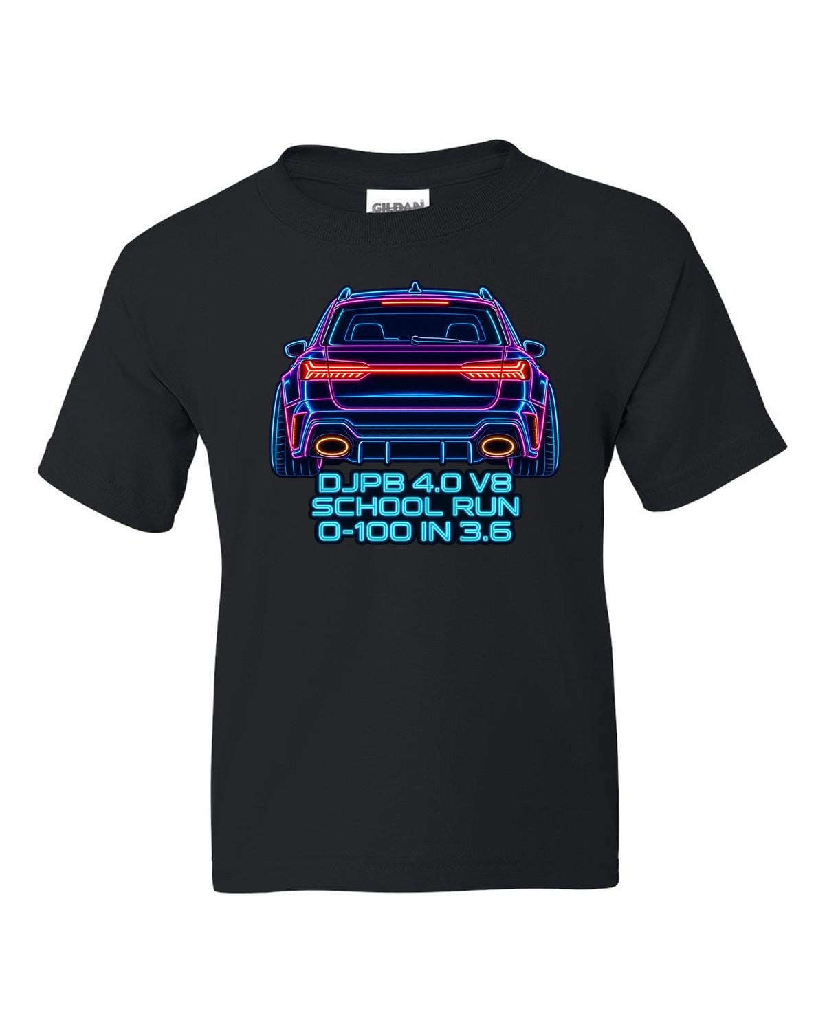 Neon sign line art design of the Audi RS6 Avant C8 with school run and 0-100 in 3.6 lettering black kids tee front view with the design