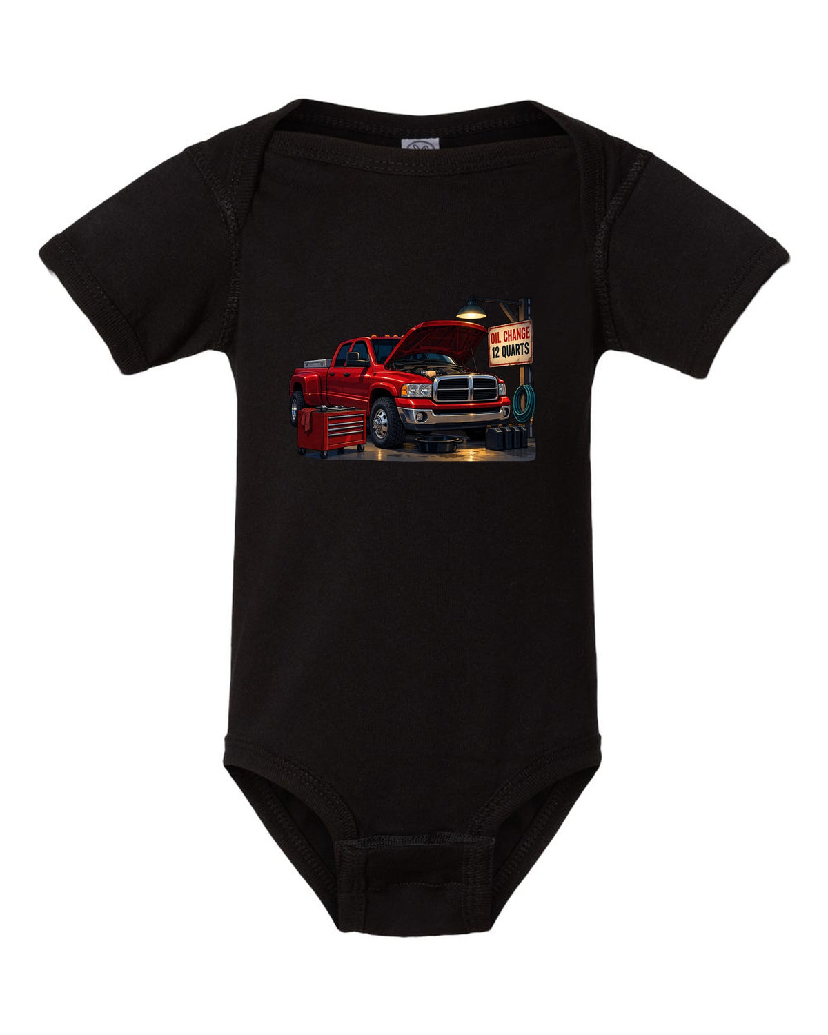 Cel-shaded anime night garage print of a red 2003-2009 Dodge Ram 3rd gen diesel with oil change text black baby onesie front view with the design