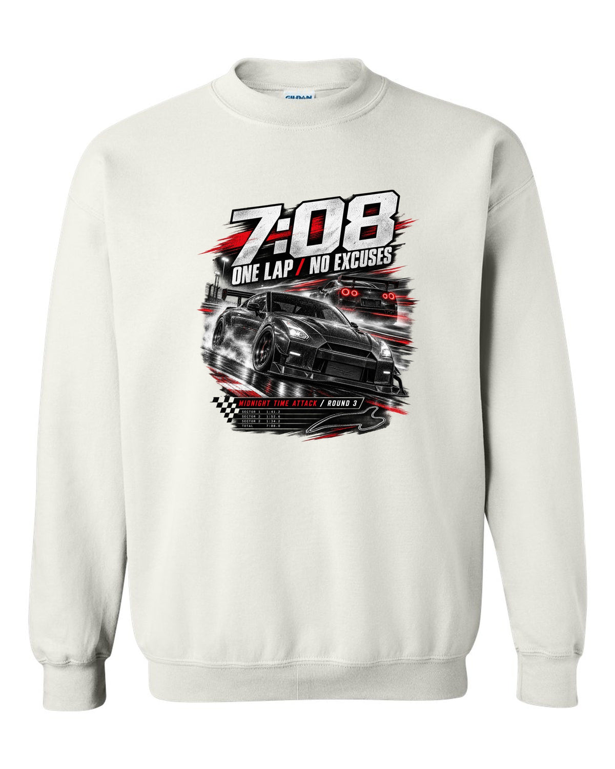 Race poster of a Nismo-style Nissan GT-R R35 with 7:08 one lap and Midnight Time Attack lettering white crewneck front view with the design