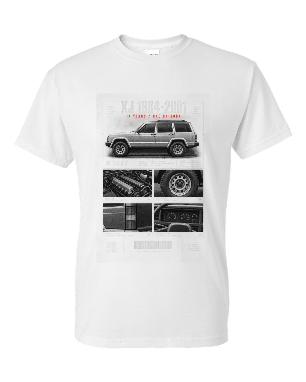 Jeep Cherokee XJ dossier panel print marking 1984 to 2001 white t-shirt front view with the design