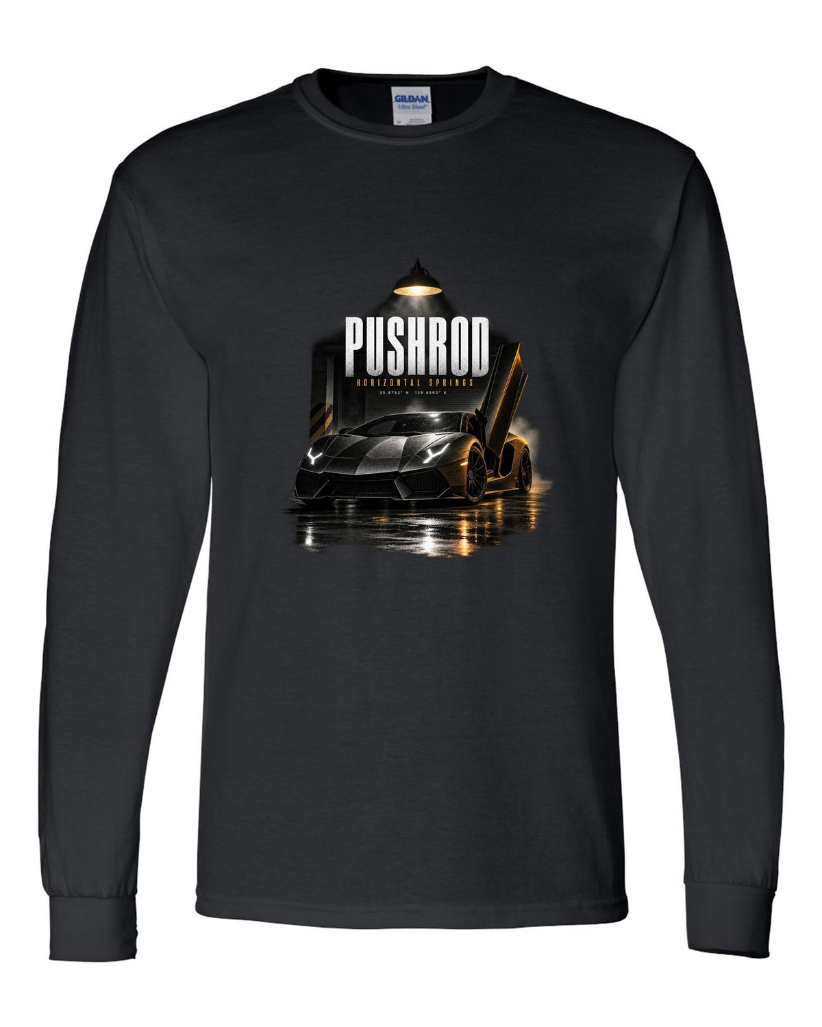 Garage night print of a Lamborghini Aventador S LP740-4 with Pushrod and Horizontal Springs text black long sleeve front view with the design