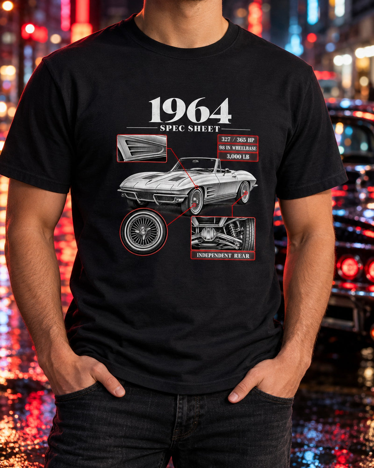 Corvette Sting Ray C2 1964 327 Spec Sheet Shirt, Car Guy T-Shirt Black worn hero