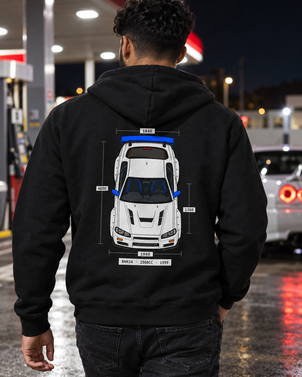 R34 GT-R BNR34 Spec Sheet Data Plate print Shirt Zip Hoodie Black worn hero