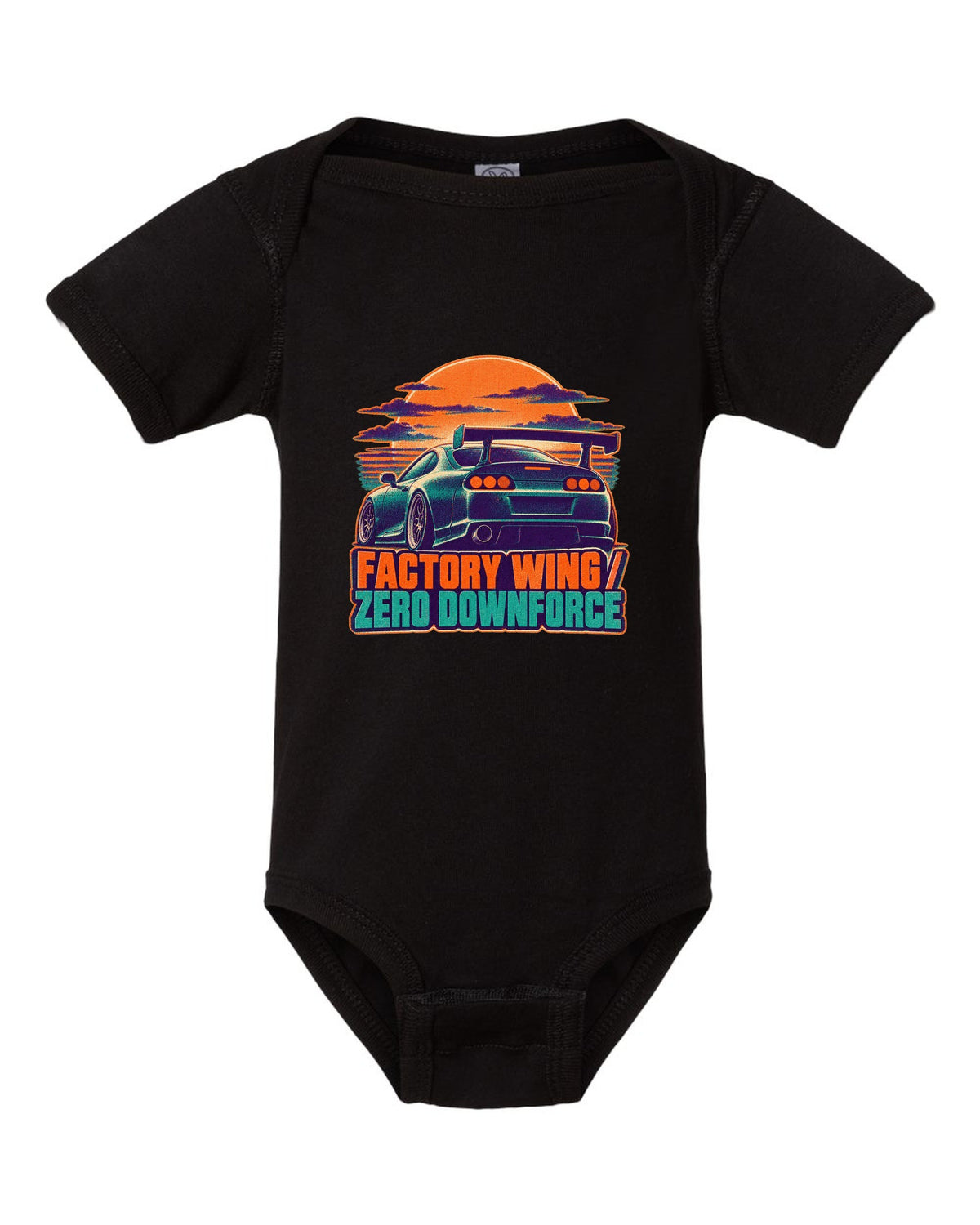 Risograph two-colour dusk print of a Toyota Supra A80 JZA80 with factory wing zero downforce text black baby onesie front view with the design