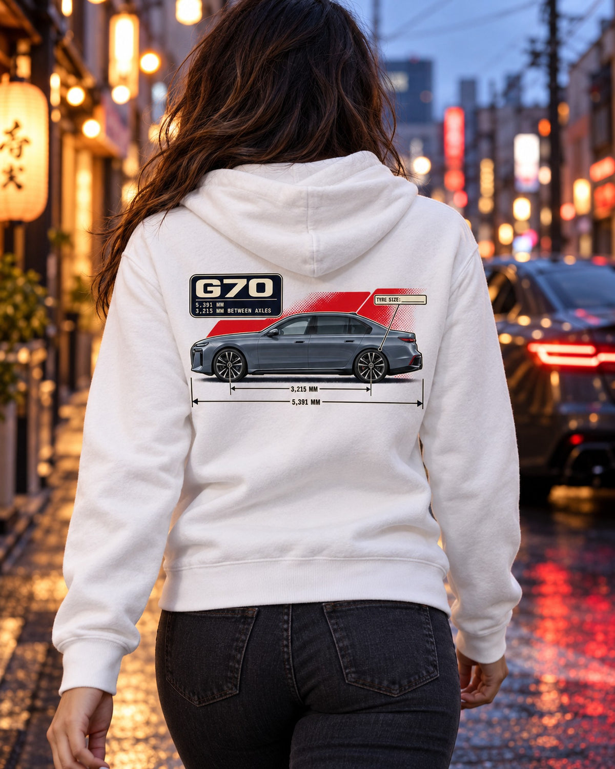 BMW i7 M70 xDrive G70 Dimension Blueprint Shirt Zip Hoodie White worn hero