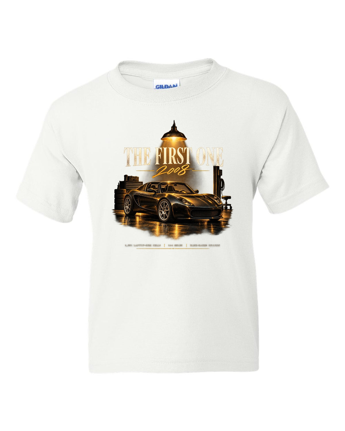 Garage night print of a first generation 2008 Tesla Roadster white kids tee front view with the design