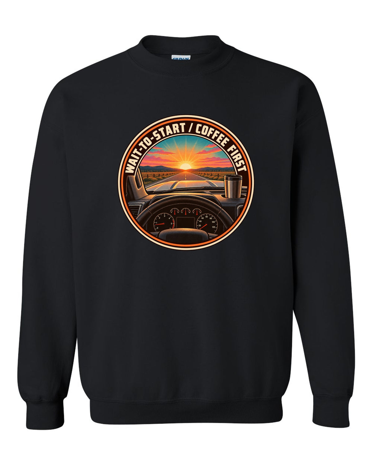 Retro sunset crest print for a 2010-2018 Ram 2500 6.7 Cummins with wait-to-start coffee first text black crewneck front view with the design