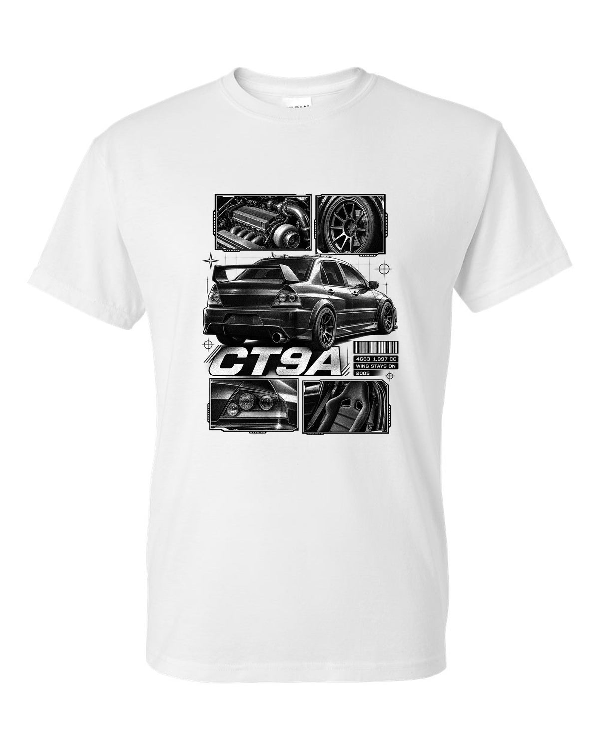 Dossier panel print of a Mitsubishi Lancer Evolution VIII IX CT9A white t-shirt front view with the design
