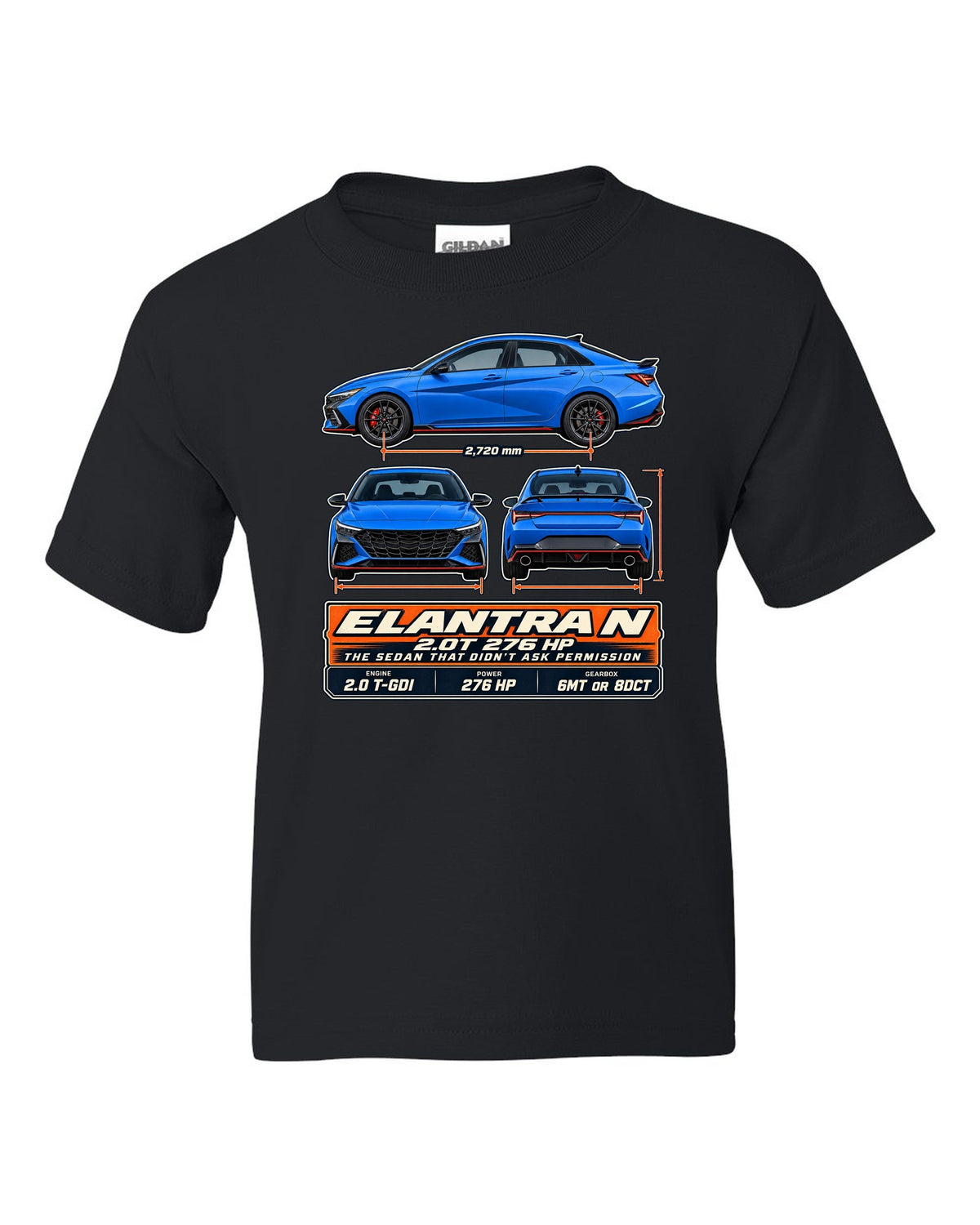 Hyundai Elantra N CN7 three-view drawing with spec table, print black kids tee front view with the design