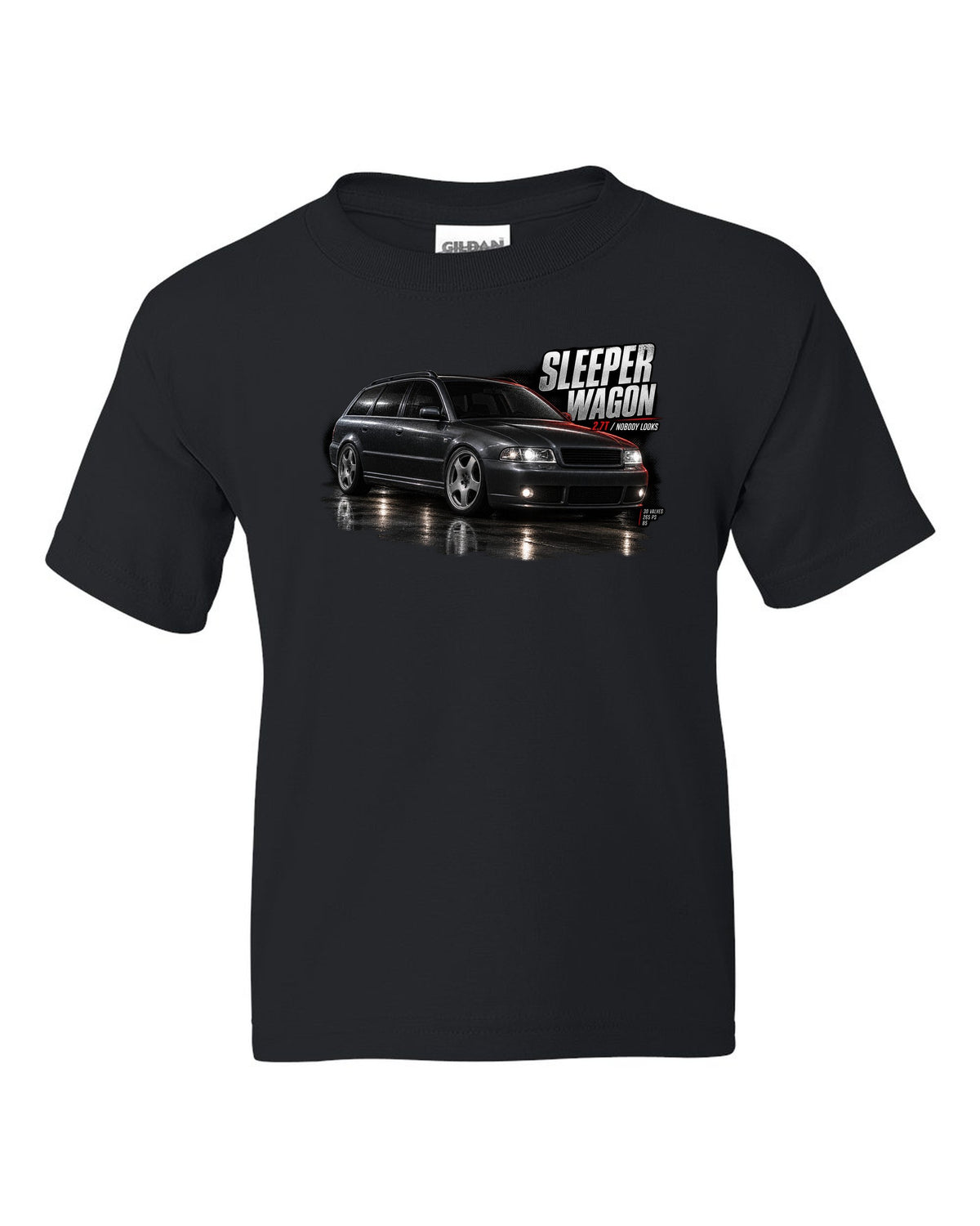 Audi S4 B5 Avant front three-quarter in garage with sleeper wagon 2.7T text black kids tee front view with the design
