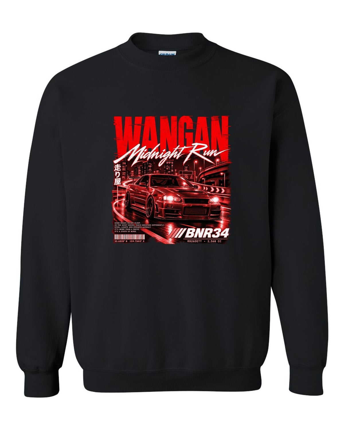 Street poster print of a Nissan Skyline GT-R R34 BNR34 with Wangan Midnight Run text black crewneck front view with the design