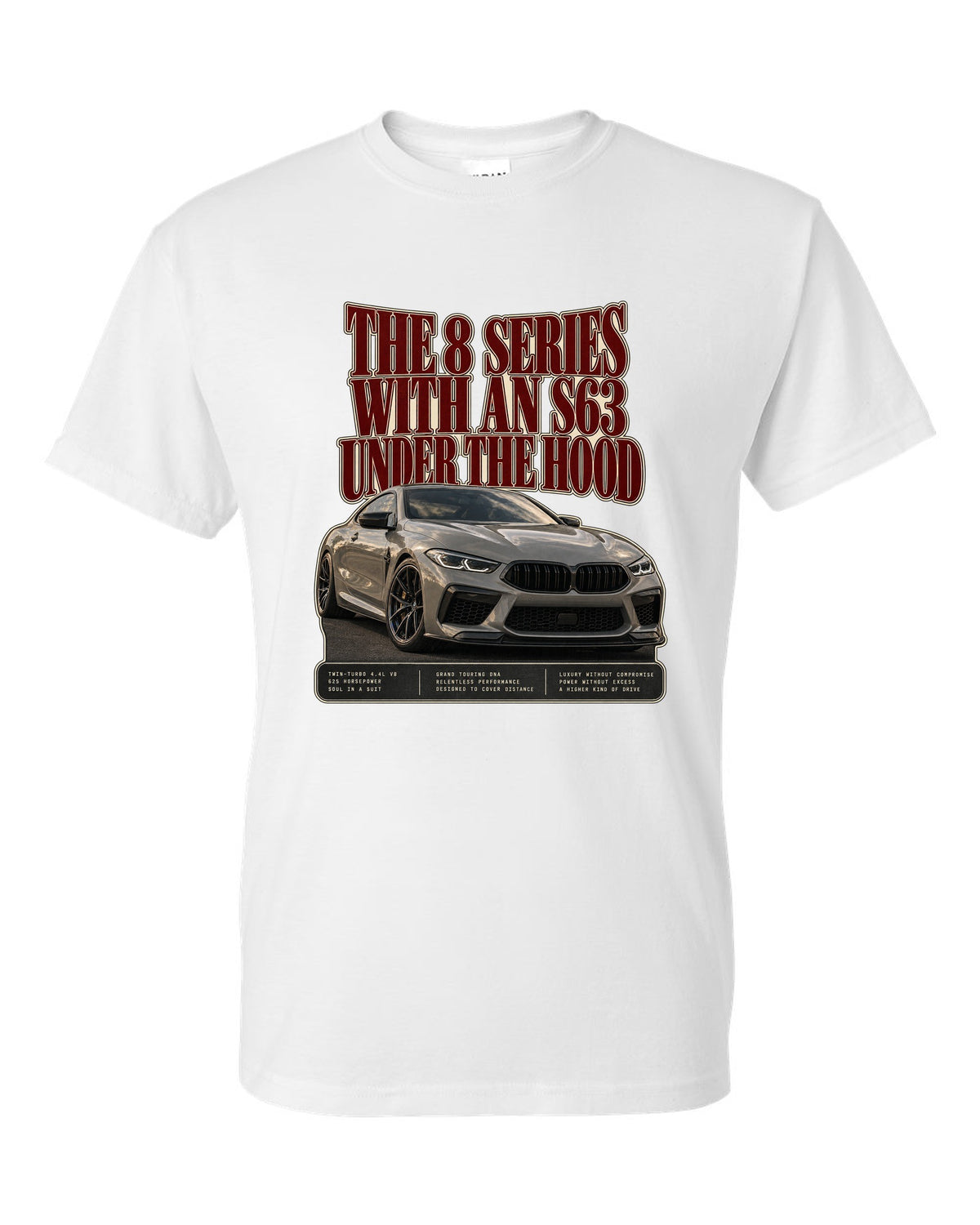 BMW M8 Competition Coupe F92 editorial headline print on a tee white t-shirt front view with the design