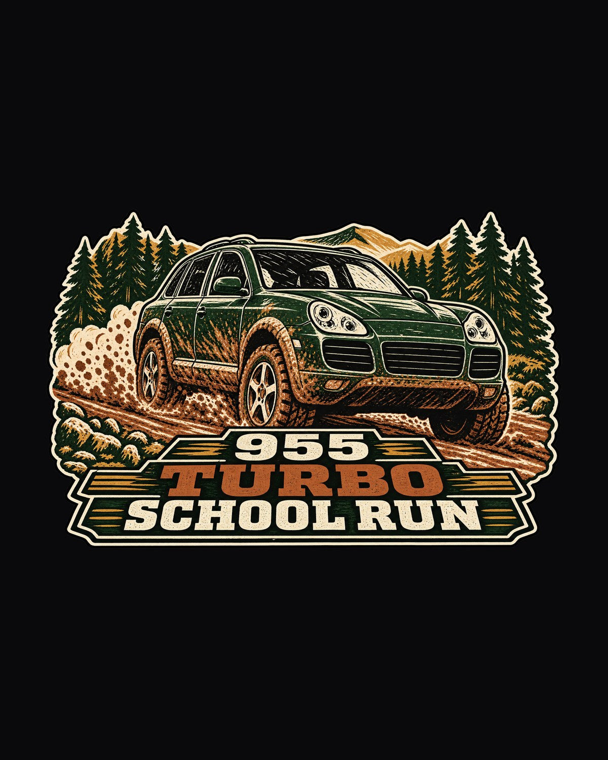 Porsche Cayenne Turbo 955 School Run Linocut Shirt, Mud design only