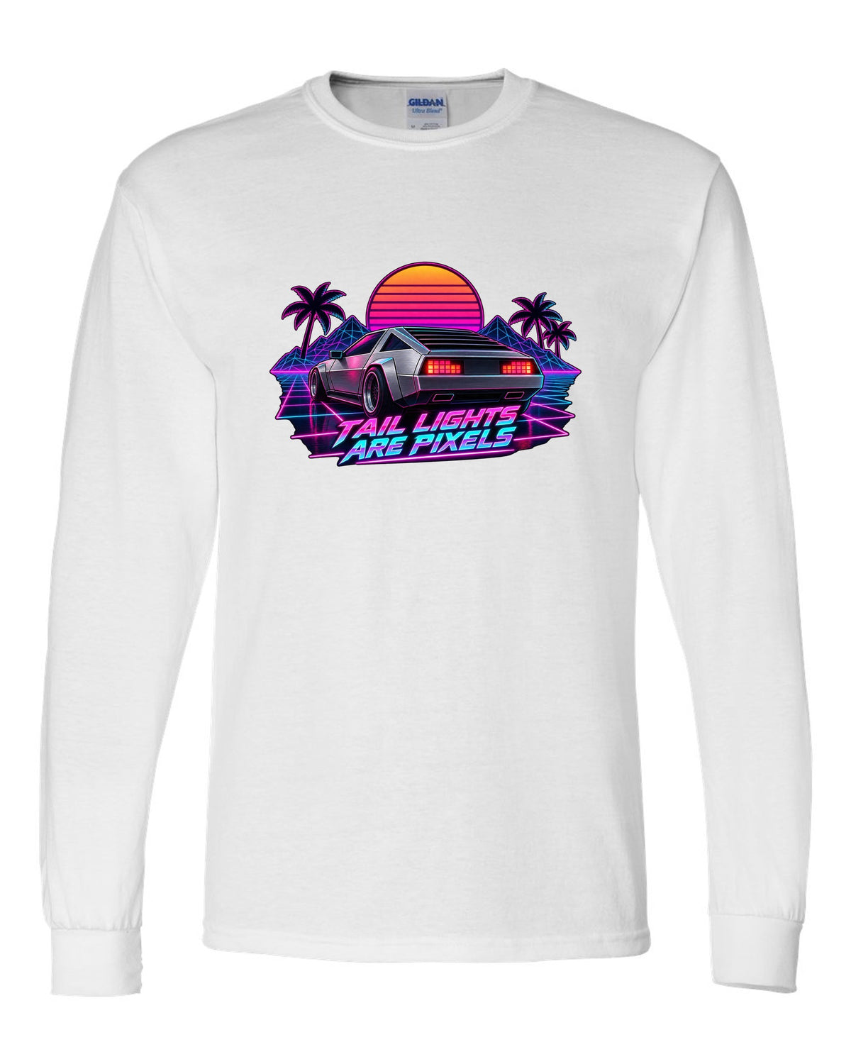 Synthwave outrun print of the Hyundai N Vision 74 concept with pixel tail lights text white long sleeve front view with the design