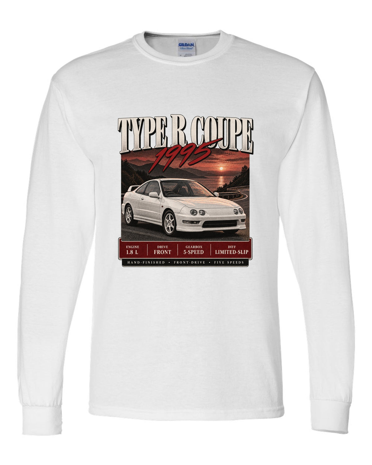 Honda Integra DC2 Type R coupe archive panel design labelled The Teg white long sleeve front view with the design