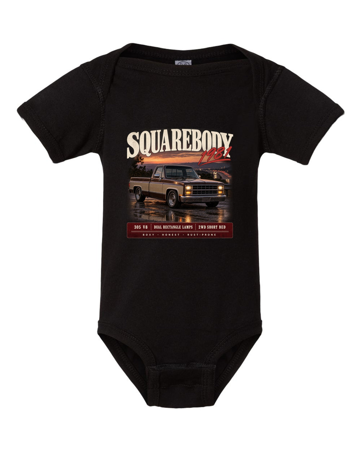1981 Squarebody C10 Silverado archive panel print black baby onesie front view with the design