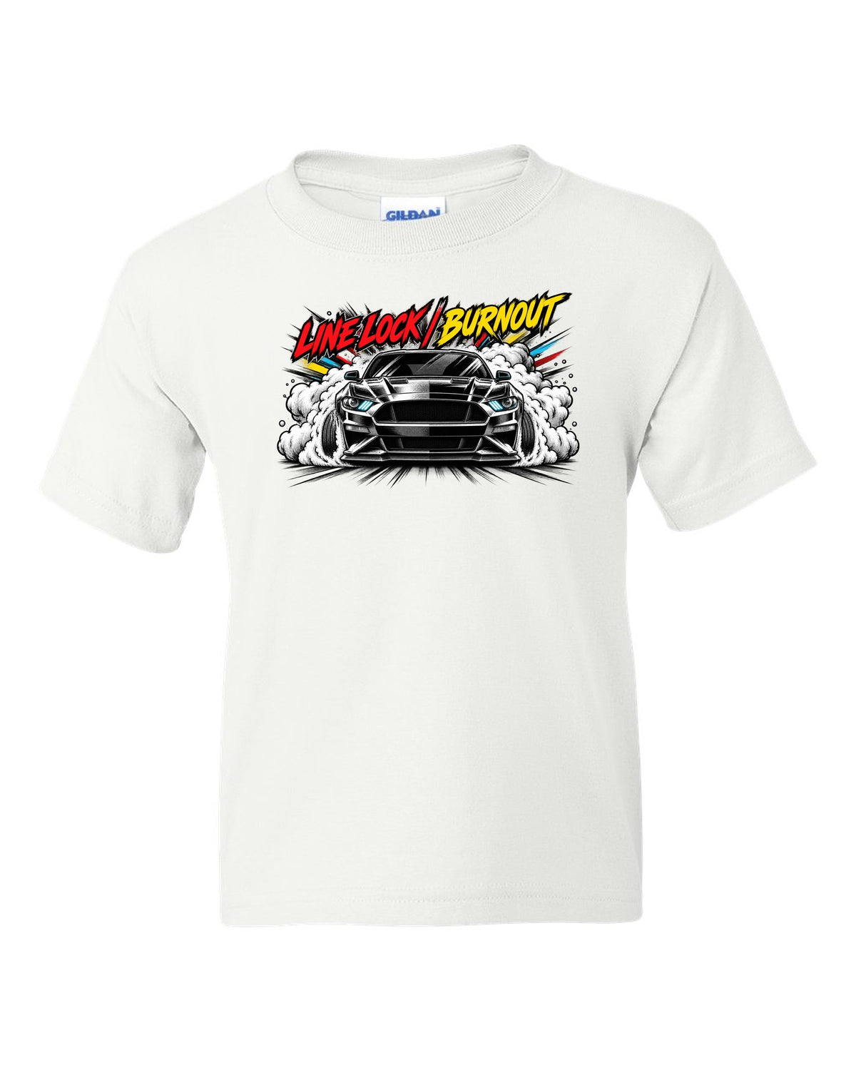 Varsity embroidery-style crest of an S550 Mustang fastback reading Yes, It's A Four white kids tee front view with the design