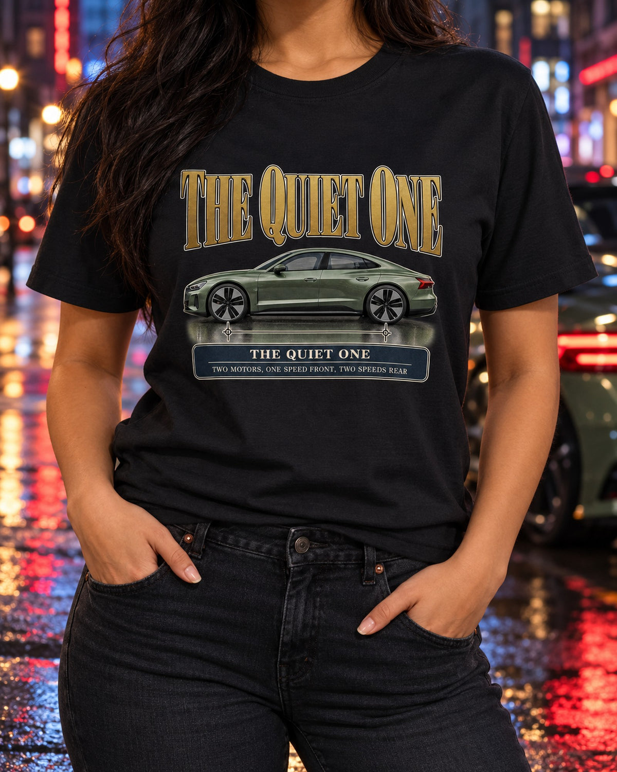 Audi e-tron GT Quattro Editorial Shirt, The Quiet One Headline Tee T-Shirt Black worn hero