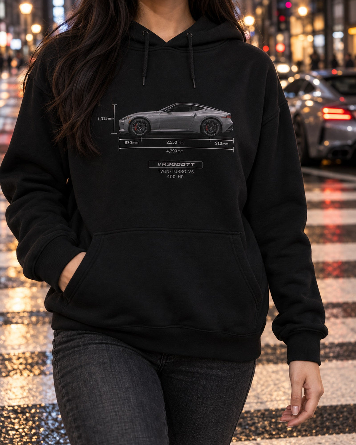 2024 Nissan Z NISMO Spec Panel Shirt, Dossier Print Pull Over Hoodie Black worn hero