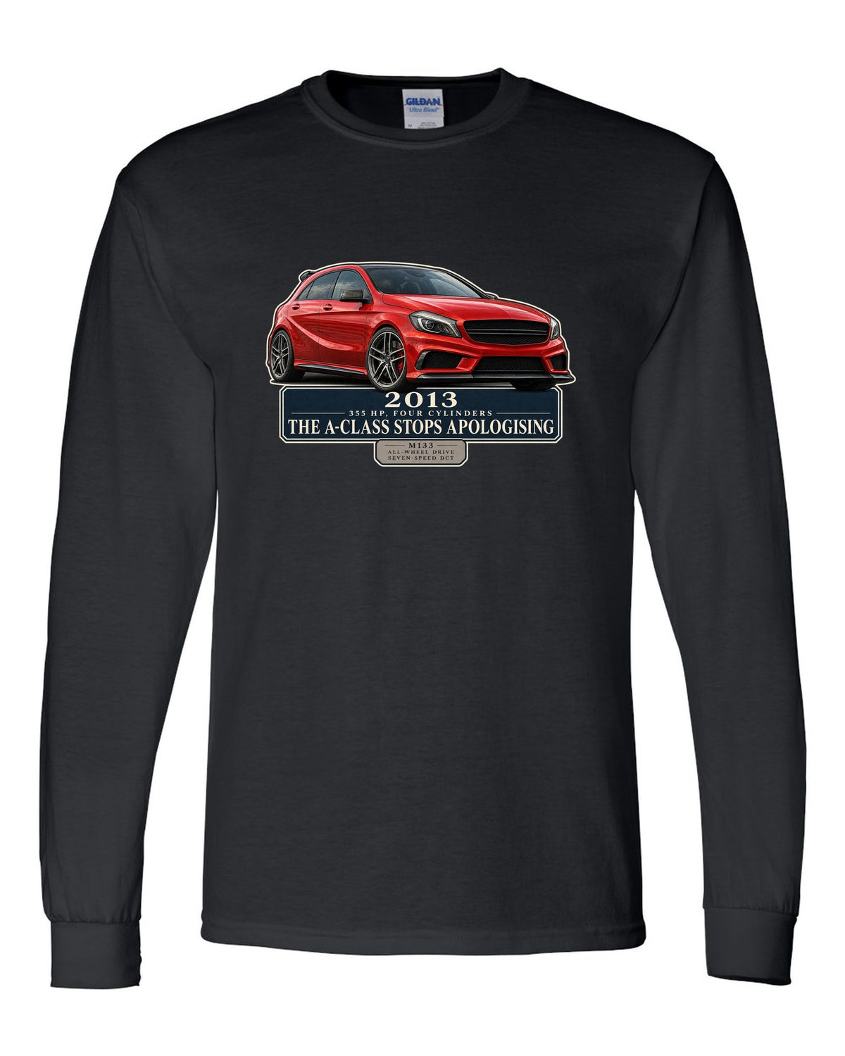 Mercedes-AMG A45 W176 chback editorial headline print black long sleeve front view with the design