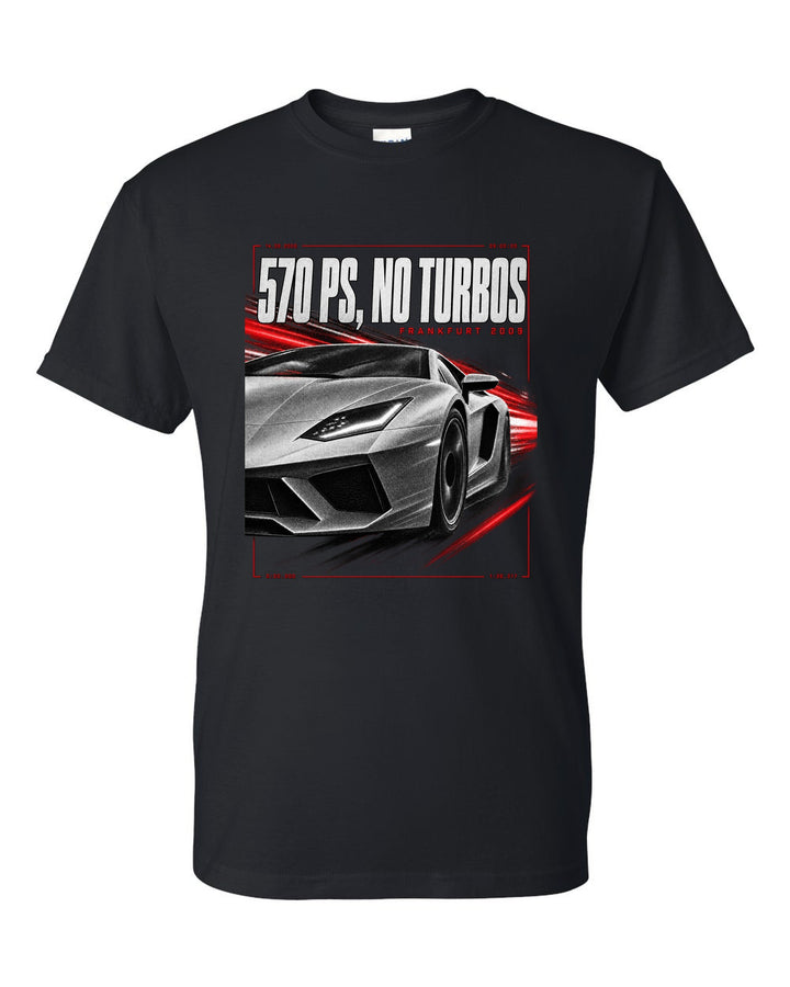 Race poster print of a Ferrari 458 Italia front three-quarter with 570 PS, no turbos, Frankfurt 2009 black t-shirt front view with the design