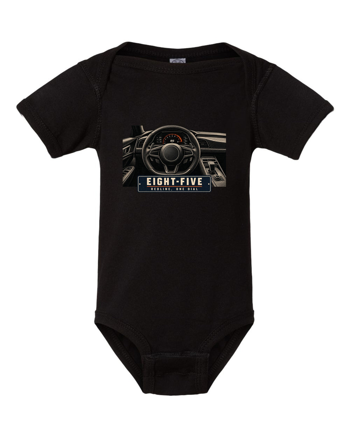 Cockpit and single dial of the Koenigsegg Jesko with carbon tub and flat dash, print black baby onesie front view with the design