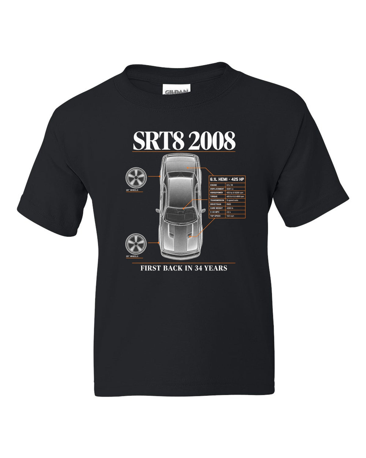 Spec poster print of a 2008 Dodge Challenger SRT8 with 6.1L Hemi and 425 HP text black kids tee front view with the design