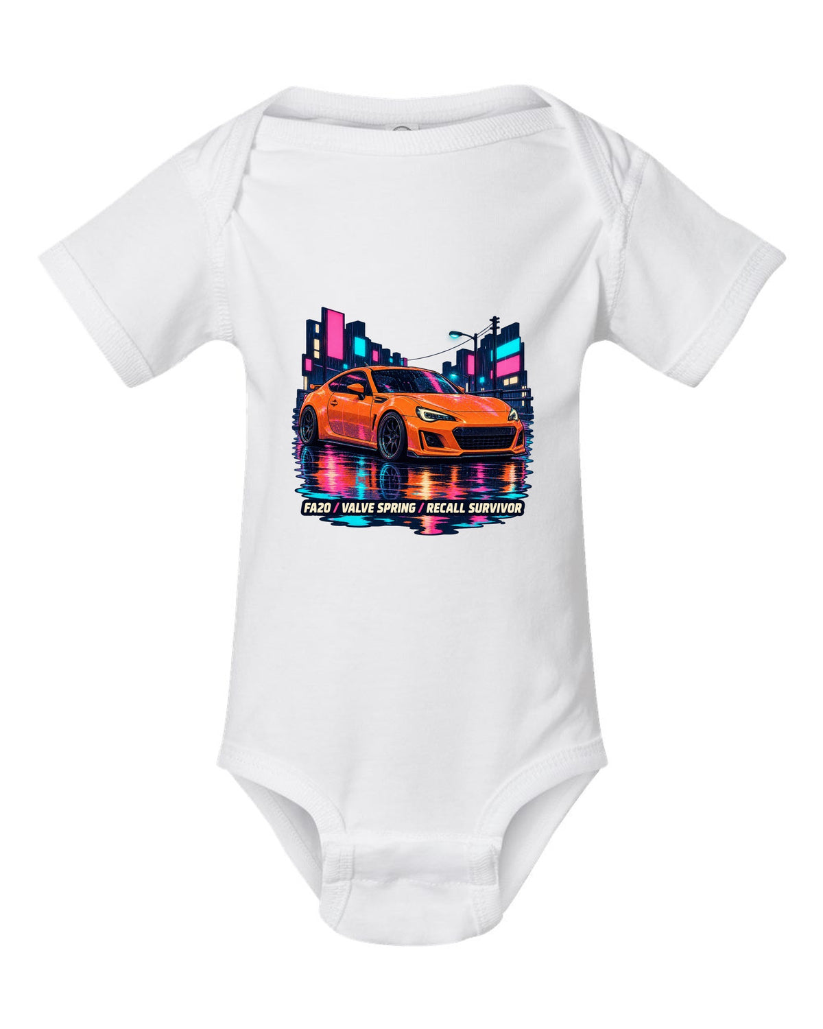 Subaru BRZ ZC6 in a rainy lo-fi anime night scene, FA20 / VALVE SPRING / RECALL SURVIVOR white baby onesie front view with the design