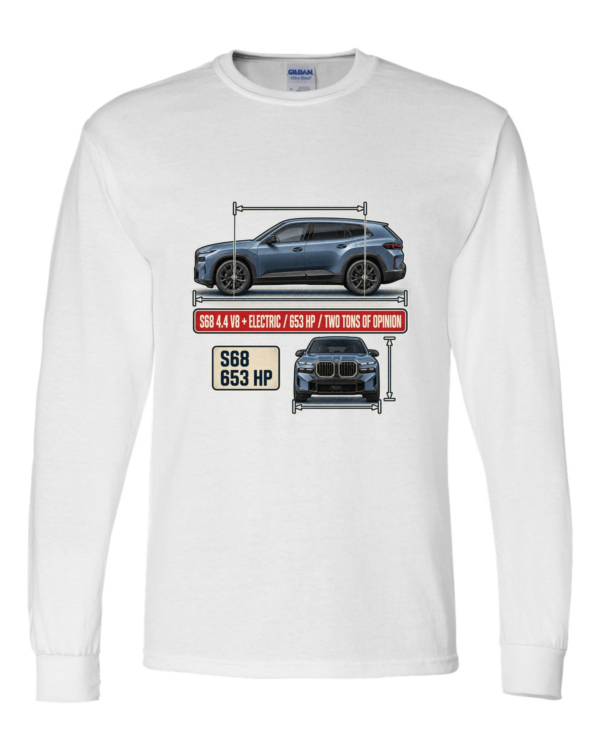 BMW XM G09 dimension blueprint print on a tee white long sleeve front view with the design