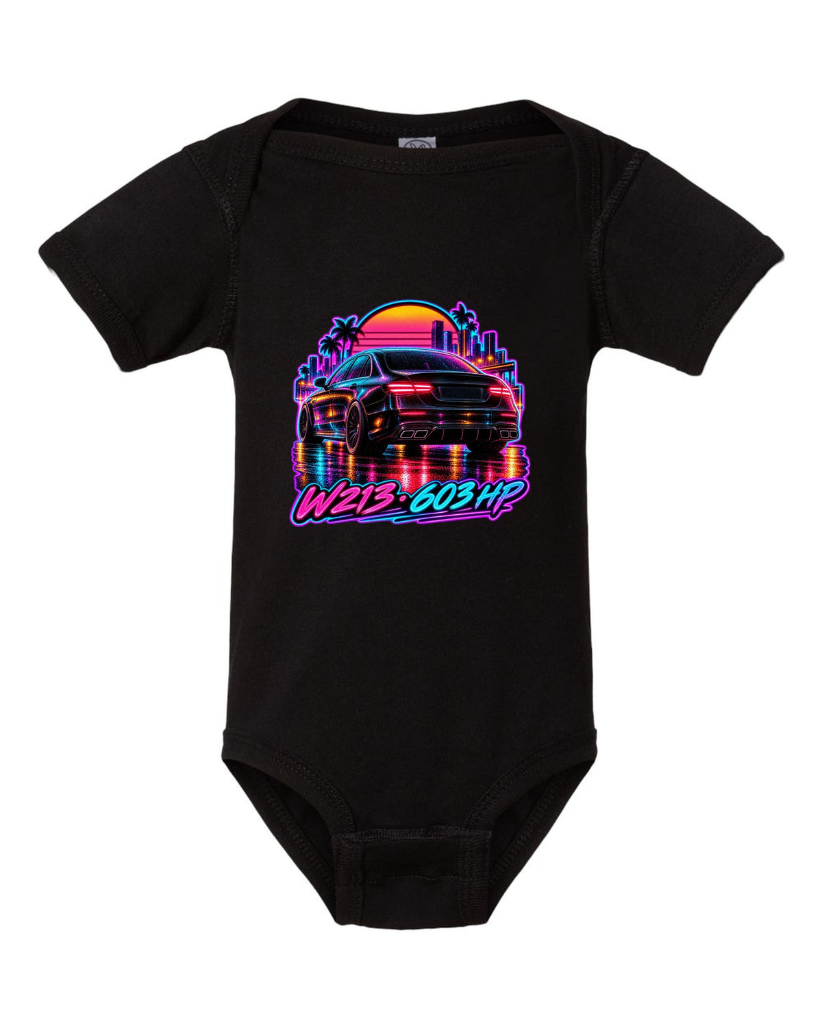 Synthwave wet road scene with a Mercedes E63 AMG W213 and 603 HP text black baby onesie front view with the design