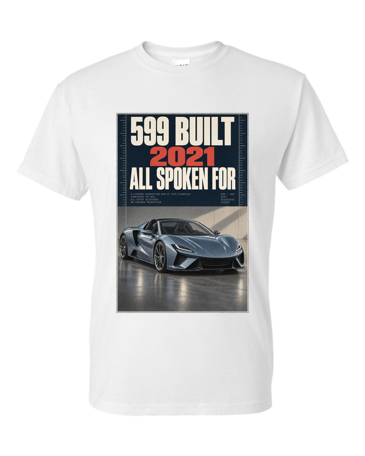 Halftone print of the Ferrari Daytona SP3 on a tee white t-shirt front view with the design