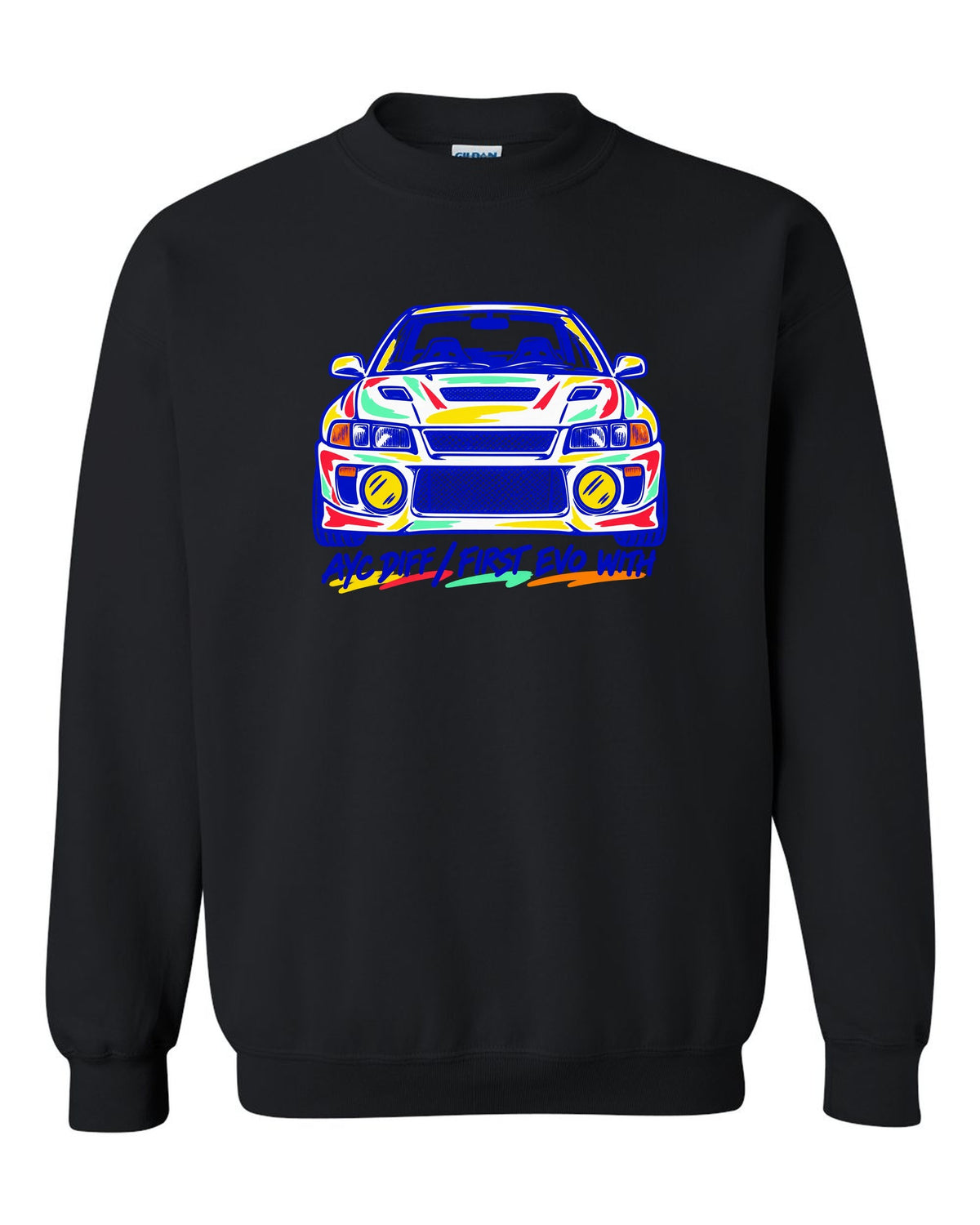 Mono-line napkin sketch of a Mitsubishi Lancer Evolution IV CN9A black crewneck front view with the design