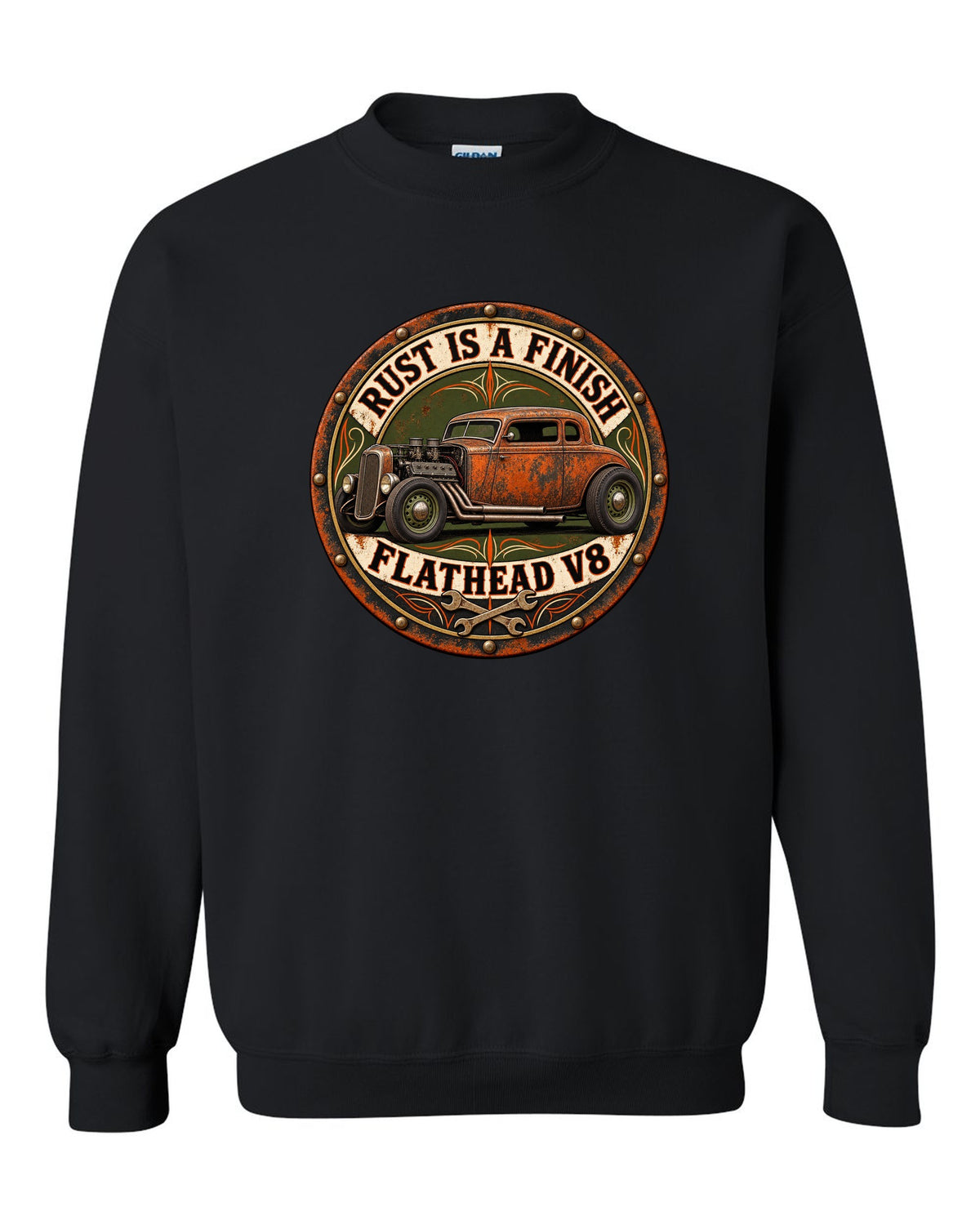 Round badge crest print for a rat rod hot rod with Rust Is A Finish and Flathead V8 lettering black crewneck front view with the design