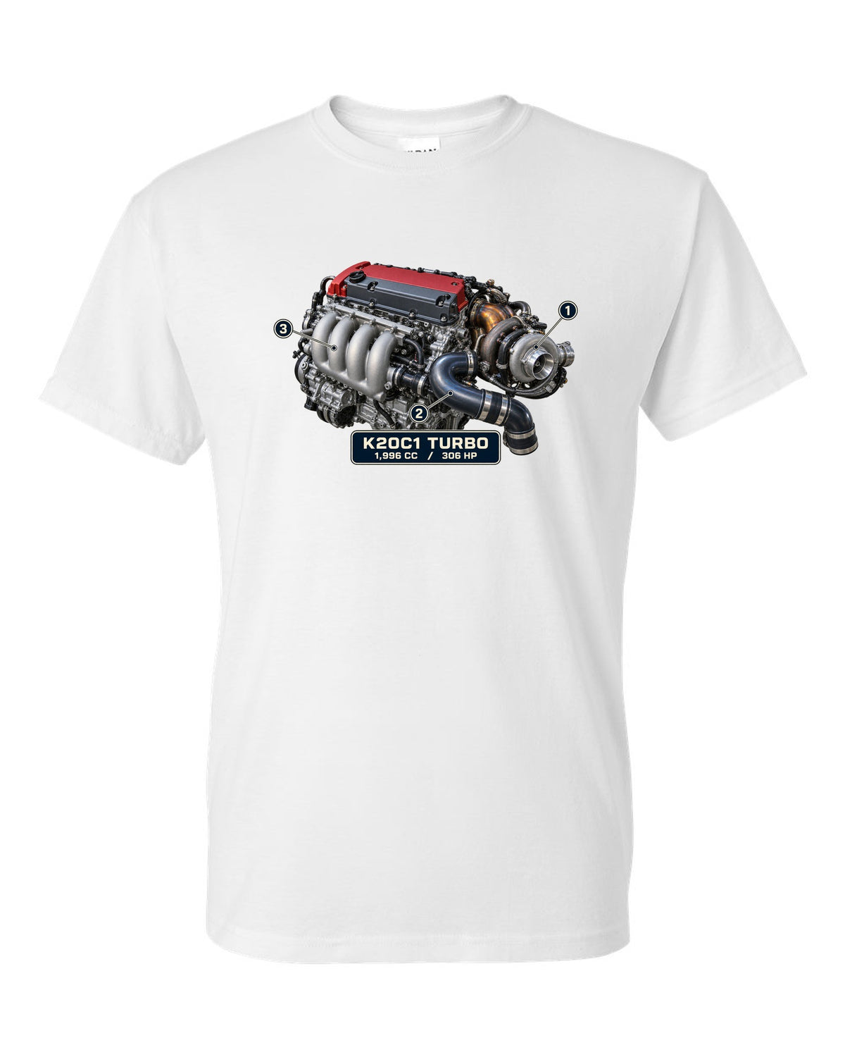 print engine illustration of the Honda Civic Type R FK8 K20C1 turbo engine white t-shirt front view with the design