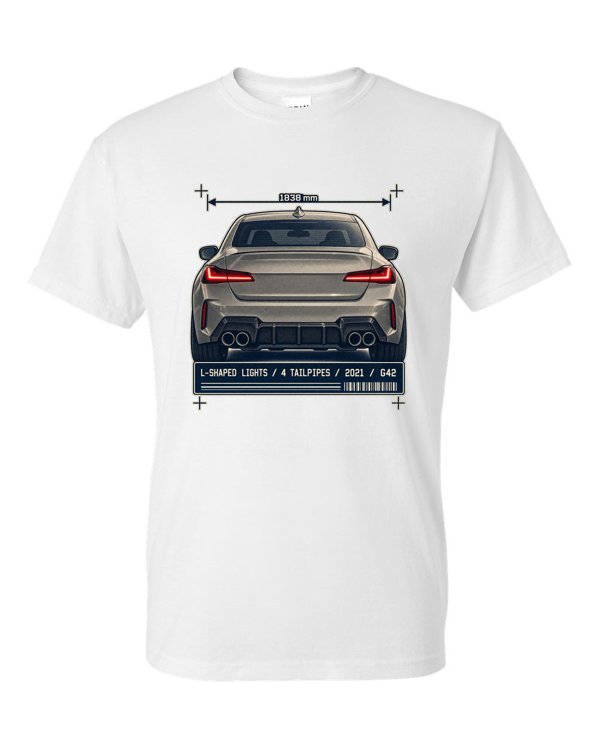 BMW M240i G42 rear taillight and tailpipe macro print white t-shirt front view with the design