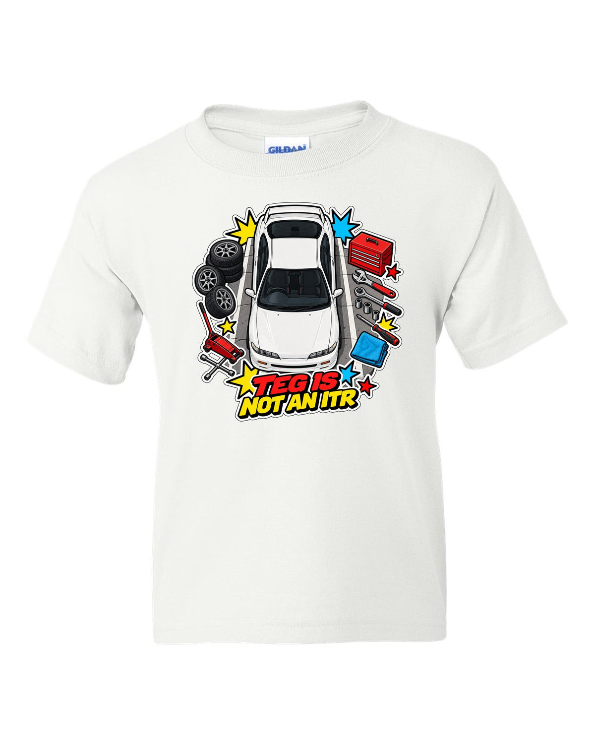 Retro Showa catalogue ad style print of a 2002 Honda Integra DC5 ch with K20A six speed text white kids tee front view with the design